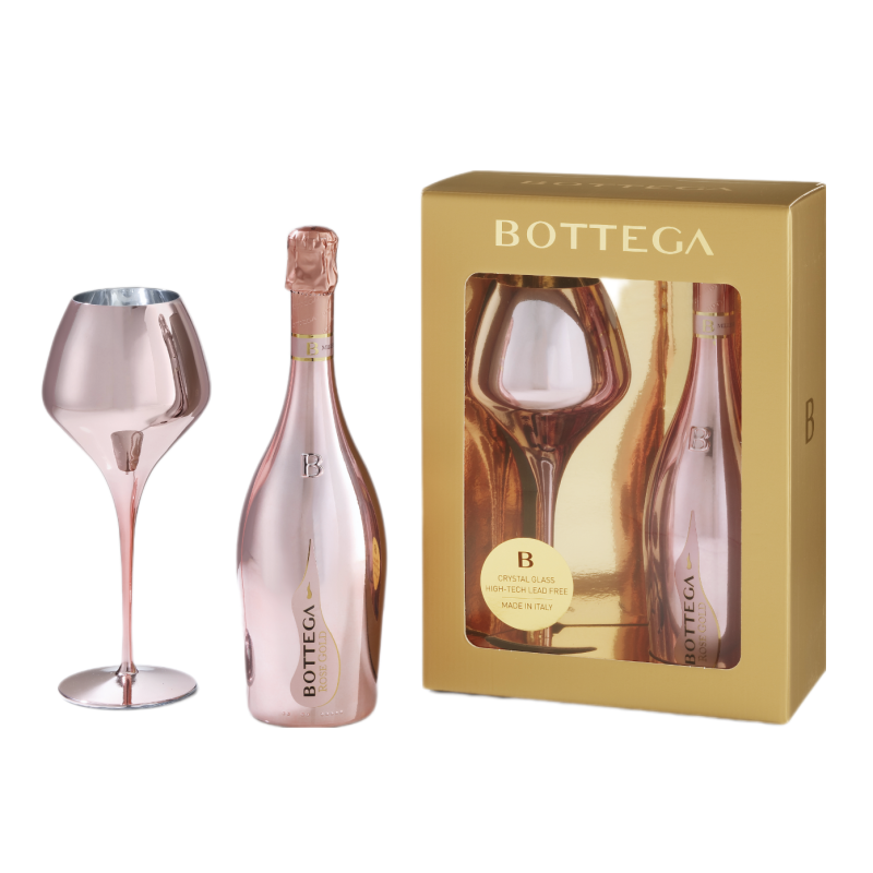 Bottega Rose Gold Pinot Spumante Brut 0,75 Liter in GP mit Magnifico Rose Gold Glas hier bestellen.